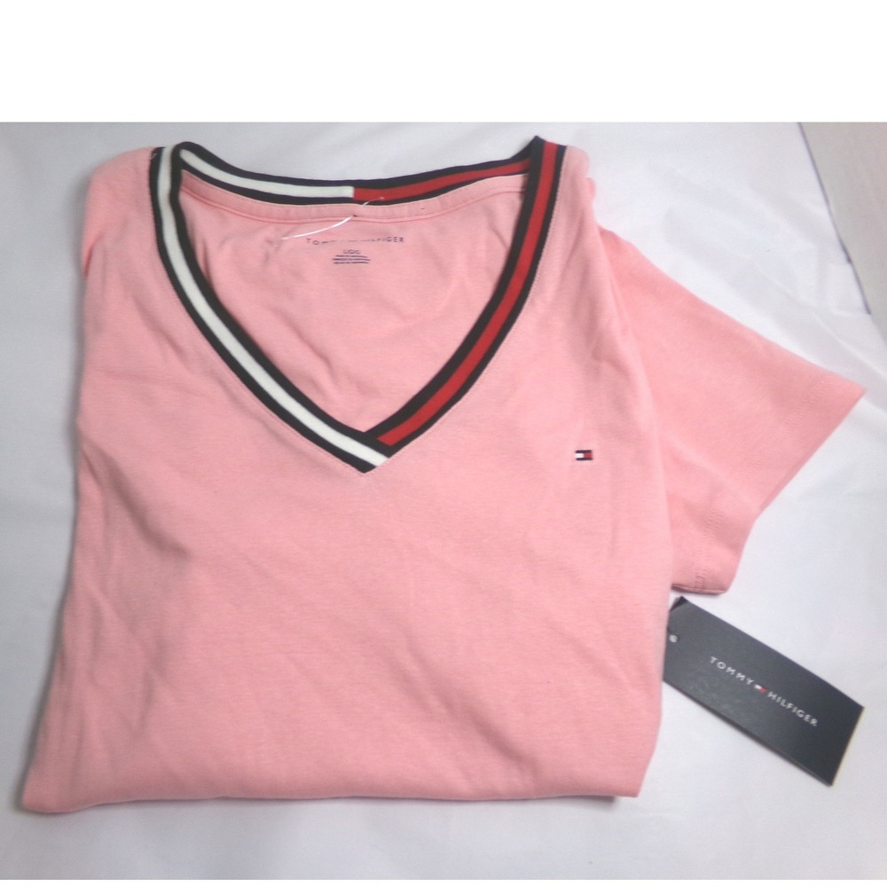 Tommy Hilfiger Pink V-Neck Short Sleeve Tee with Signature Trim
